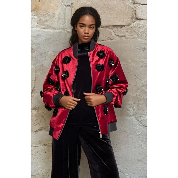 Anthropologie Eva Franco Velvet Floral Embroidered Bomber Jacket Burgundy Red - Picture 1 of 3